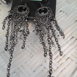 Pierced hanging gunmetal chain earrings
